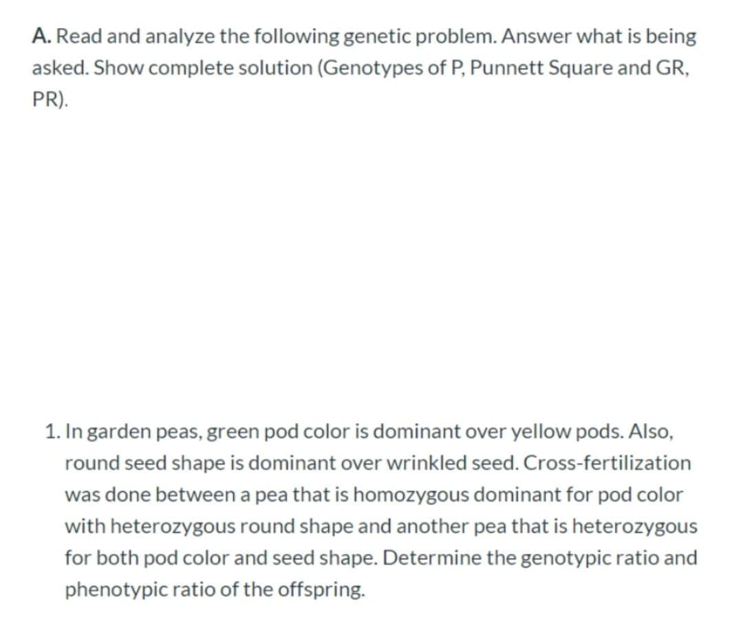 A. Read and analyze the following genetic problem. Answer what is being
asked. Show complete solution (Genotypes of P, Punnett Square and GR,
PR).
1. In garden peas, green pod color is dominant over yellow pods. Also,
round seed shape is dominant over wrinkled seed. Cross-fertilization
was done between a pea that is homozygous dominant for pod color
with heterozygous round shape and another pea that is heterozygous
for both pod color and seed shape. Determine the genotypic ratio and
phenotypic ratio of the offspring.
