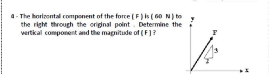4 - The horizontal component of the force ( F ) is ( 60 N) to
the right through the original point. Determine the
vertical component and the magnitude of ( F )?
F
