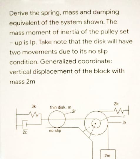 Derive the spring, mass and damping
equivalent of the system shown. The
mass moment of inertia of the pulley set
- up is lp. Take note that the disk will have
two movements due to its no slip
condition. Generalized coordinate:
vertical displacement of the block with
mass 2m
2k
3k
thin disk, m
2r
3r
2c
no slip
2m
