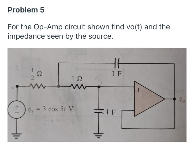 Problem 5
For the Op-Amp circuit shown find vo(t) and the
impedance seen by the source.
1 F
U = 3 cos 5t V
%3D
1 F
S.
1/2
