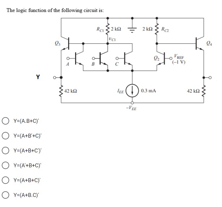 The logic function of the following circuit is:
Y
O Y=(A.B+C)'
O Y=(A+B'+C)'
O Y=(A+B+C')'
O Y=(A'+B+C)'
O Y=(A+B+C)'
O Y=(A+B.C)'
23
Rc1
• 42 ΚΩ
• 2 ΚΩ
UCI
KK K
B
IEE
D
-VEE
2 ΚΩ
2₂
0.3 mA
RC2
VREF
(-1 V)
42 ΚΩ
24