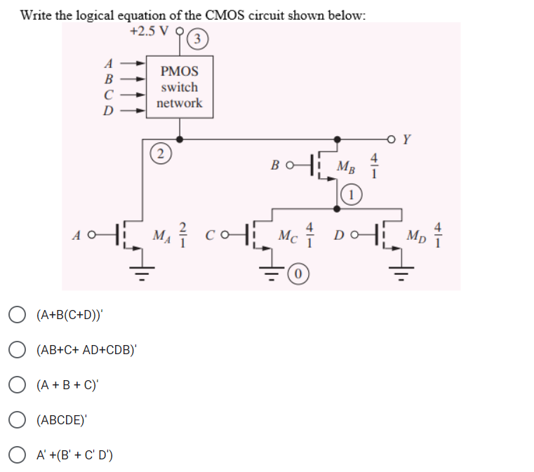 Write the logical equation of the CMOS circuit shown below:
+2.5 V
3
A O
A
B
C
D
어
(A+B(C+D))'
(AB+C+ AD+CDB)'
(A + B + C)'
(ABCDE)'
O A' +(B' + C'D')
PMOS
switch
network
2
HI
BO
MB
70
0
(1)
M₁ Co Mc Do M₂
²
4
Mp
Y