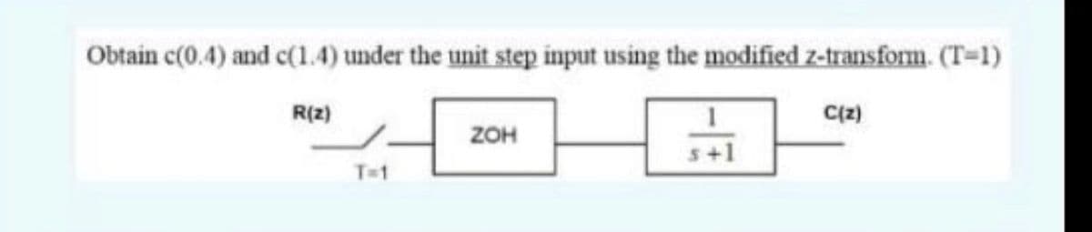 Obtain c(0.4) and c(1.4) under the unit step input using the modified z-transform. (T=1)
R(z)
C(z)
ZOH
T-1
