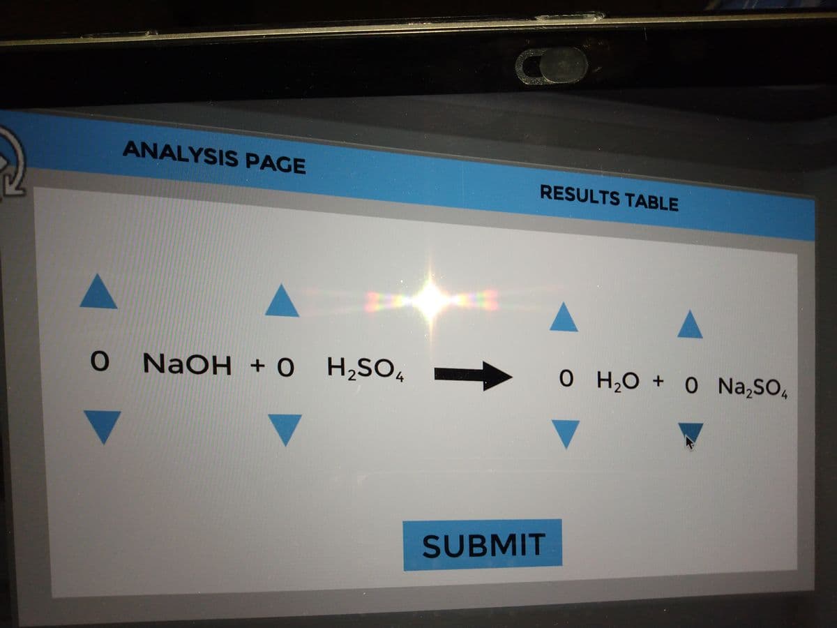 O
ANALYSIS PAGE
NaOH + 0 H₂SO4
CO
RESULTS TABLE
SUBMIT
O H₂O + O Na₂SO4