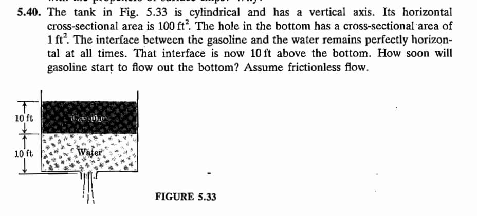5.40. The tank in Fig. 5.33 is cylindrical and has a vertical axis. Its horizontal
cross-sectional area is 100 ft². The hole in the bottom has a cross-sectional area of
1 ft². The interface between the gasoline and the water remains perfectly horizon-
tal at all times. That interface is now 10 ft above the bottom. How soon will
gasoline start to flow out the bottom? Assume frictionless flow.
10 ft
10 ft
Garethe
ater
FIGURE 5.33