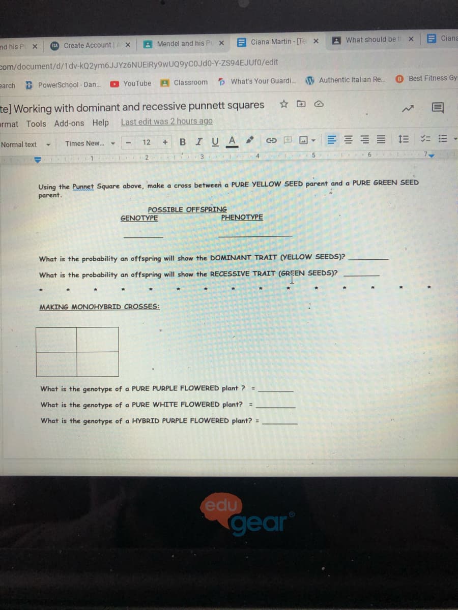 What should be t x
E Ciana
FSA Create Account|
A Mendel and his Po
E Ciana Martin - [Te
nd his P X
com/document/d/1dv-kQ2ym6JJYZ6NUEIRy9wUQ9yCOJd0-Y-ZS94EJUF0/edit
O What's Your Guardi.
V Authentic Italian Re.
O Best Fitness Gy
earch
B PowerSchool - Dan.
O YouTube A Classroom
te] Working with dominant and recessive punnett squares
ermat Tools Add-ons Help
Last edit was 2 hours ago
BIUA
E E E E E E -
Normal text
Times New.
12
3
4
Using the Punnet Square above, make a cross between a PURE YELLOW SEED parent and a PURE GREEN SEED
parent.
POSSIBLE OFFSPRING
GENOTYPE
PHENOTYPE
What is the probability an offspring will show the DOMINANT TRAIT (YELLOW SEEDS)?
What is the probability an offspring will show the RECESSIVE TRAIT (GREEN SEEDS)?
MAKING MONOHYBRID CROSSES:
What is the genotype of a PURE PURPLE FLOWERED plant ? =
What is the genotype of a PURE WHITE FLOWERED plant? =
What is the genotype of a HYBRID PURPLE FLOWERED plant? =
edu
gear
