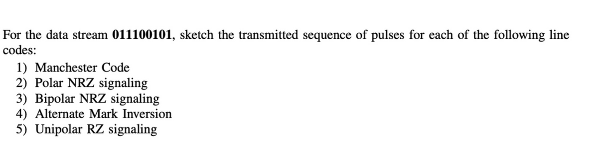 For the data stream 011100101, sketch the transmitted sequence of pulses for each of the following line
codes:
1) Manchester Code
2) Polar NRZ signaling
3) Bipolar NRZ signaling
4) Alternate Mark Inversion
5) Unipolar RZ signaling