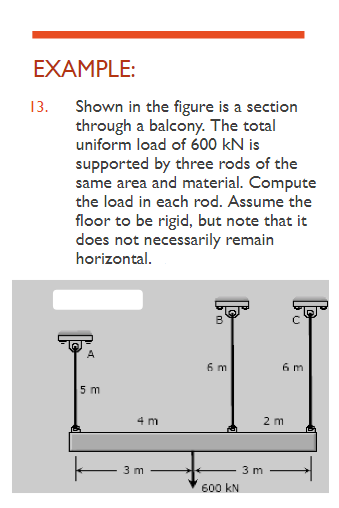 EXAMPLE:
13. Shown in the figure is a section
through a balcony. The total
uniform load of 600 kN is
supported by three rods of the
same area and material. Compute
the load in each rod. Assume the
floor to be rigid, but note that it
does not necessarily remain
horizontal.
5 m
4 m
3 m
B
6 m
600 KN
2 m
3 m
()
6 m