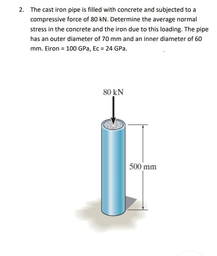 2. The cast iron pipe is filled with concrete and subjected to a
compressive force of 80 kN. Determine the average normal
stress in the concrete and the iron due to this loading. The pipe
has an outer diameter of 70 mm and an inner diameter of 60
mm. Eiron = 100 GPa, Ec = 24 GPa.
80 kN
500 mm