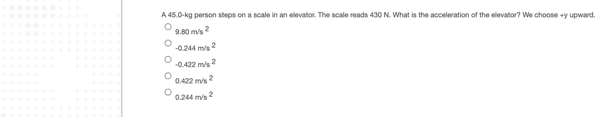 A 45.0-kg person steps on a scale in an elevator. The scale reads 430 N. What is the acceleration of the elevator? We choose +y upward.
9.80 m/s 2
2
-0.244 m/s
-0.422 m/s
2
0.422 m/s
0.244 m/s 2
