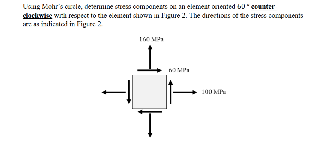 Using Mohr's circle, determine stress components on an element oriented 60 ° counter-
clockwise with respect to the element shown in Figure 2. The directions of the stress components
are as indicated in Figure 2.
160 MPa
60 MPa
100 MPa
