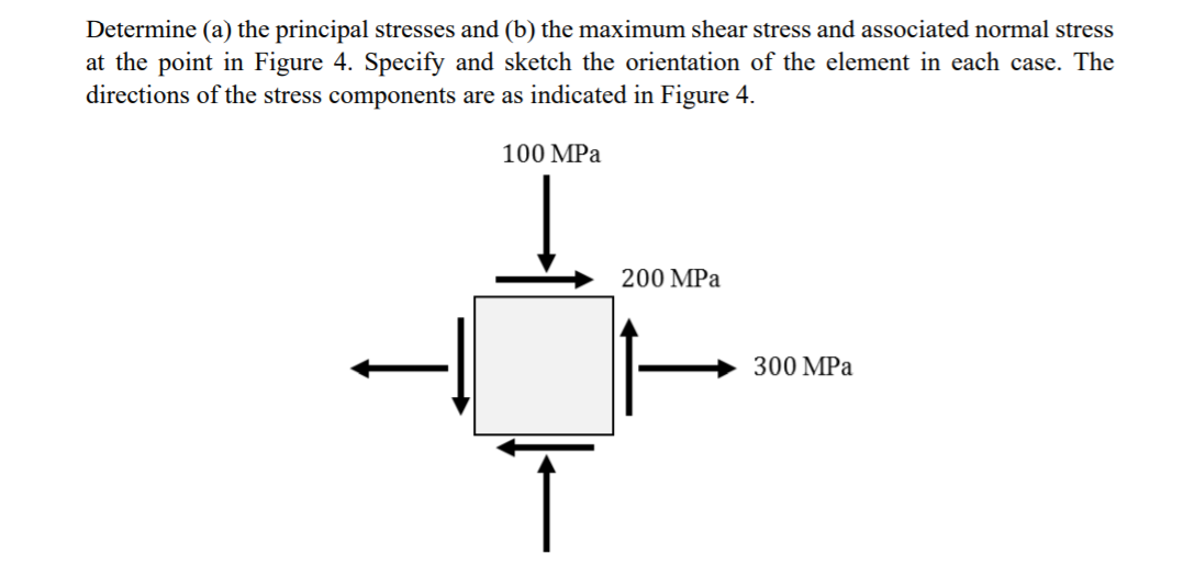 Determine (a) the principal stresses and (b) the maximum shear stress and associated normal stress
at the point in Figure 4. Specify and sketch the orientation of the element in each case. The
directions of the stress components are as indicated in Figure 4.
100 MPa
200 MPa
300 MPa
