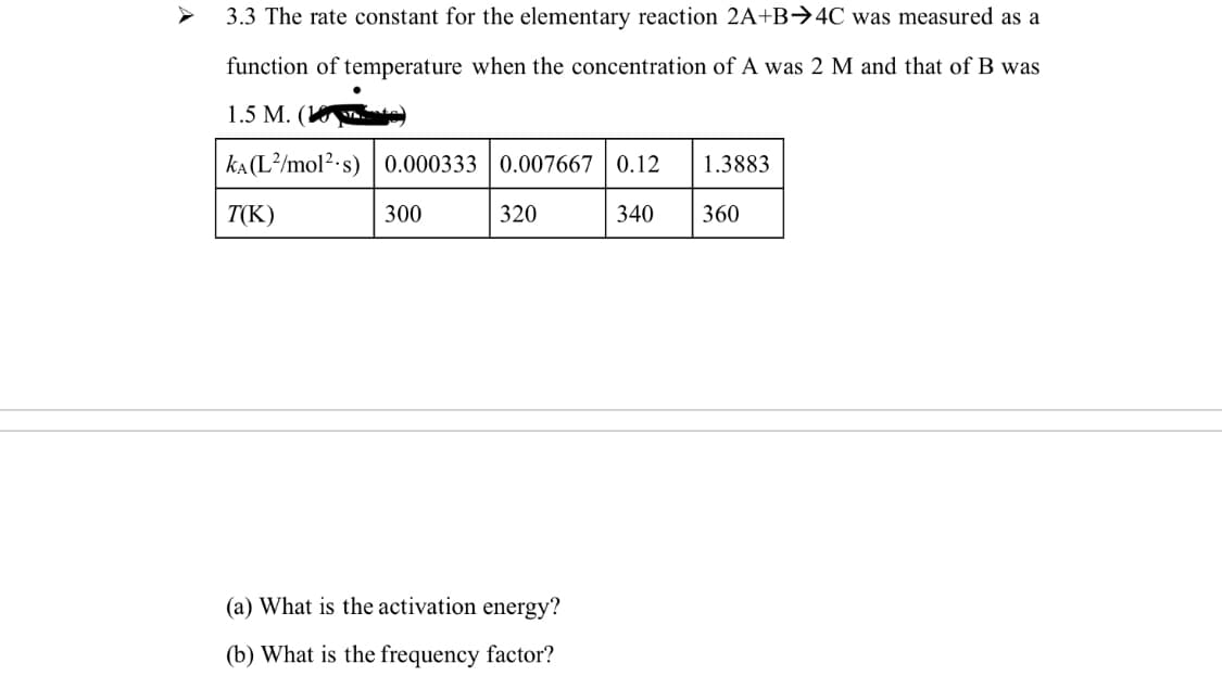 3.3 The rate constant for the elementary reaction 2A+B→4C was measured as a
function of temperature when the concentration of A was 2 M and that of B was
1.5 M. (W
kA(L?/mol?.s) 0.000333 0.007667 | 0.12
1.3883
T(K)
300
320
340
360
(a) What is the activation energy?
(b) What is the frequency factor?
