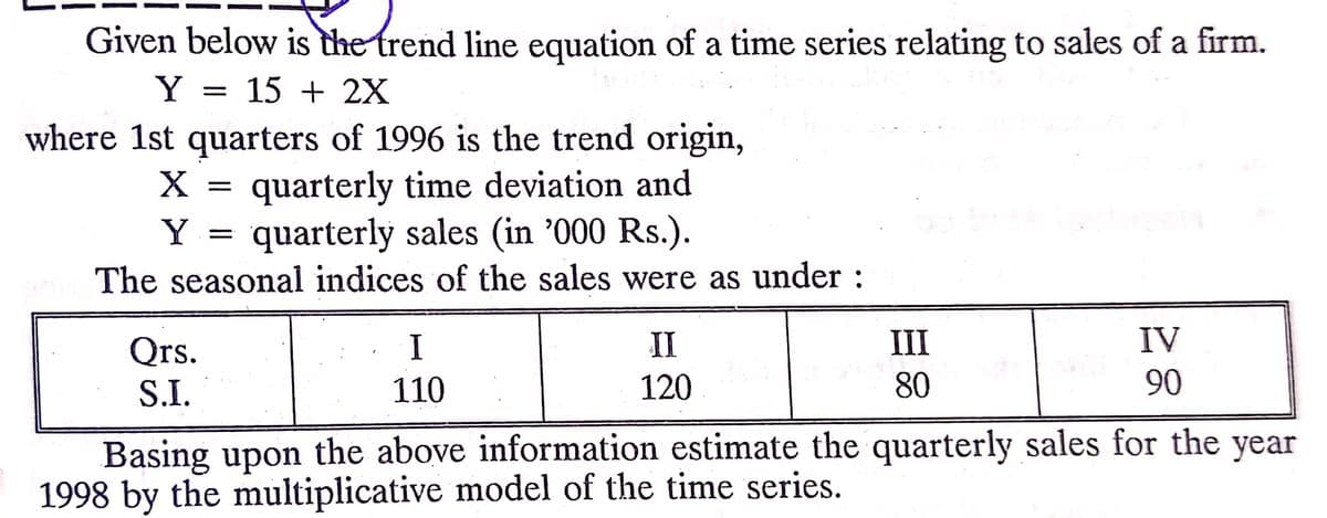 Given below is the trend line equation of a time series relating to sales of a firm.
Y = 15 + 2X
where 1st quarters of 1996 is the trend origin,
quarterly time deviation and
Y
quarterly sales (in '000 Rs.).
The seasonal indices of the sales were as under :
I
II
III
IV
Qrs.
S.I.
110
120
80
90
Basing upon the above information estimate the quarterly sales for the year
1998 by the multiplicative model of the time series.
