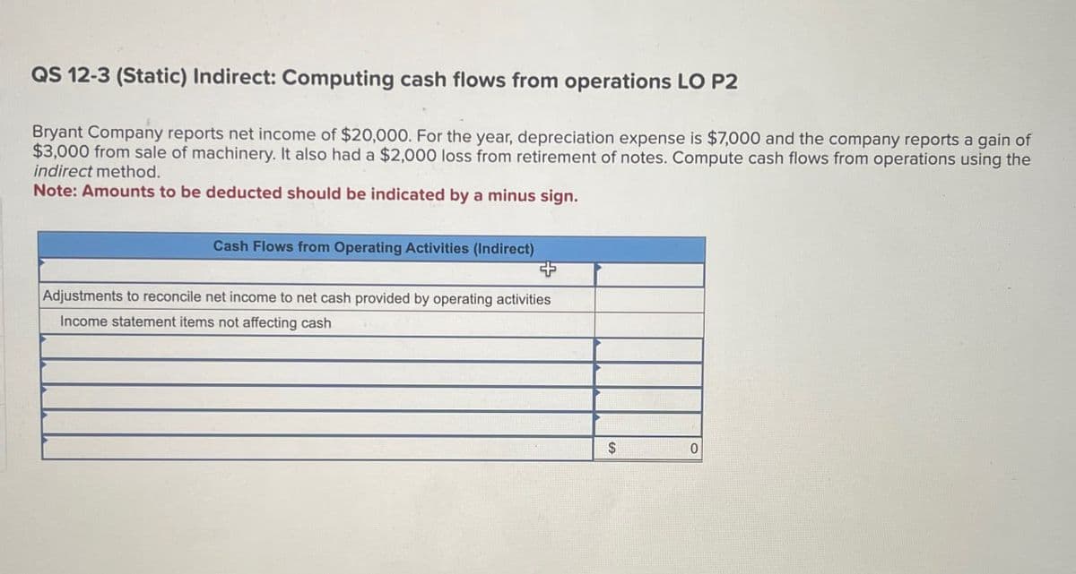 QS 12-3 (Static) Indirect: Computing cash flows from operations LO P2
Bryant Company reports net income of $20,000. For the year, depreciation expense is $7,000 and the company reports a gain of
$3,000 from sale of machinery. It also had a $2,000 loss from retirement of notes. Compute cash flows from operations using the
indirect method.
Note: Amounts to be deducted should be indicated by a minus sign.
Cash Flows from Operating Activities (Indirect)
+
Adjustments to reconcile net income to net cash provided by operating activities
Income statement items not affecting cash
$
0