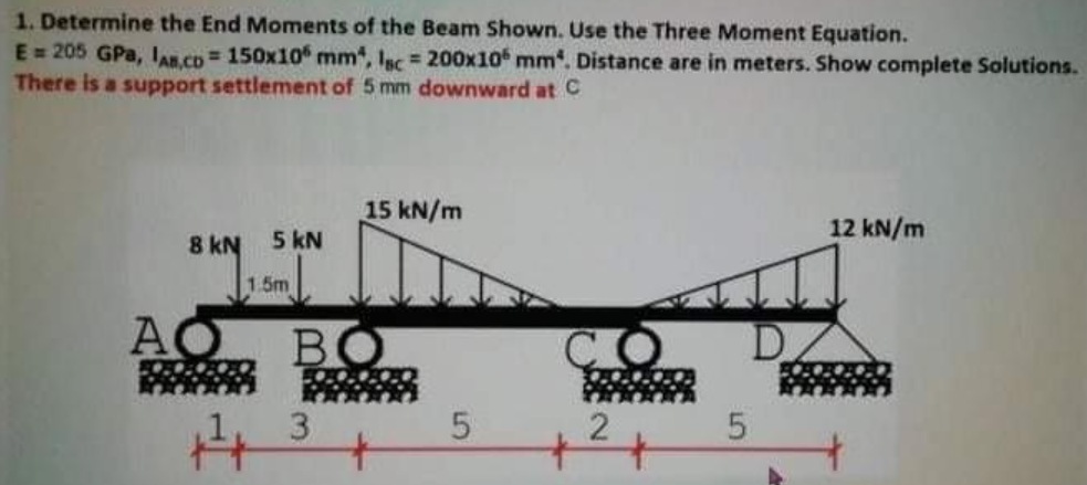 1. Determine the End Moments of the Beam Shown. Use the Three Moment Equation.
E = 205 GPa, IA.CD 150x10 mm, Isc = 200x10 mm. Distance are in meters. Show complete Solutions.
There is a support settlement of 5 mm downward at C
15 kN/m
5 kN
12 kN/m
8 kN
1.5m
AO
BO
CO
D.
3
