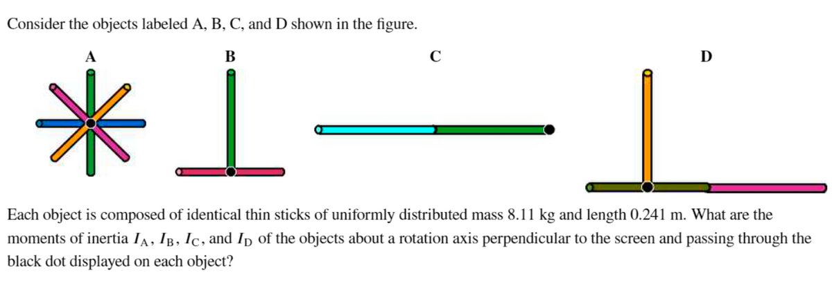 Consider the objects labeled A, B, C, and D shown in the figure.
B
*1
D
Each object is composed of identical thin sticks of uniformly distributed mass 8.11 kg and length 0.241 m. What are the
moments of inertia IA, IB, IC, and Ip of the objects about a rotation axis perpendicular to the screen and passing through the
black dot displayed on each object?