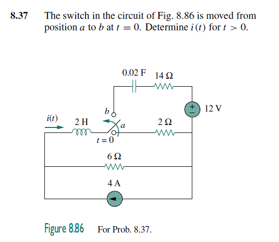 The switch in the circuit of Fig. 8.86 is moved from
position a to b at t = 0. Determine i (t) for t > 0.
8.37
0.02 F
14 2
b
12 V
i(t)
2 H
2Ω
ll
t = 0
6Ω
ww
4 A
Figure 8.86
For Prob. 8.37.
