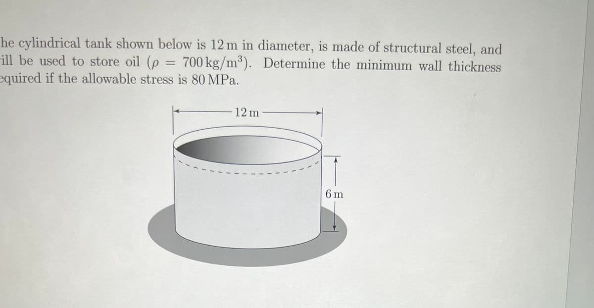 he cylindrical tank shown below is 12 m in diameter, is made of structural steel, and
Determine the minimum wall thickness
ill be used to store oil (p = 700 kg/m³).
equired if the allowable stress is 80 MPa.
12 m
6 m