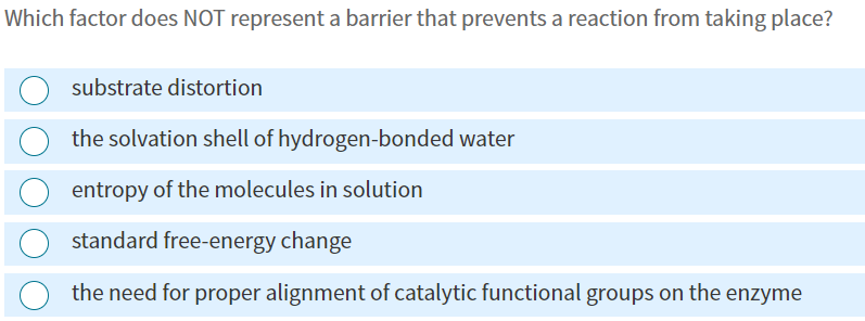 Which factor does NOT represent a barrier that prevents a reaction from taking place?
substrate distortion
the solvation shell of hydrogen-bonded water
entropy of the molecules in solution
standard free-energy change
the need for proper alignment of catalytic functional groups on the enzyme