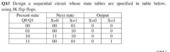 Q1// Design a sequential circuit whose state tables are specified in table below,
using JK flip-flops.
Present state
Q0 QI
00
01
Next state
X=0
Output
X=1
X=0
X=1
00
00
10
10
11
10
11
00
01
1
