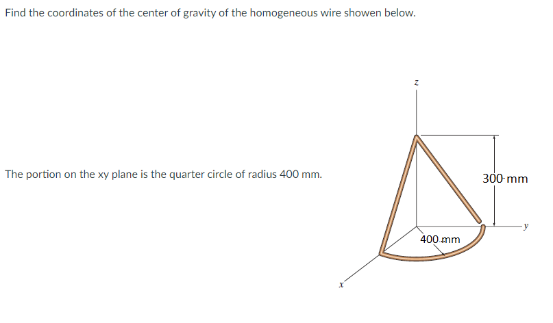 Find the coordinates of the center of gravity of the homogeneous wire showen below.
The portion on the xy plane is the quarter circle of radius 400 mm.
300 mm
400 mm
