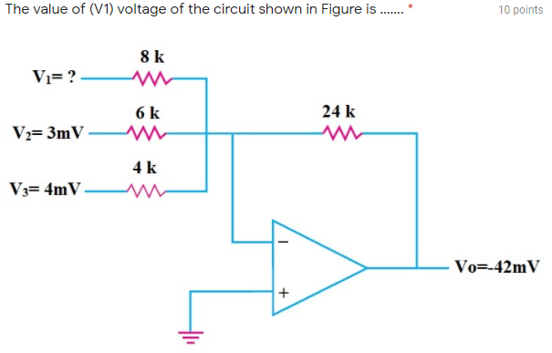10 points
The value of (V1) voltage of the circuit shown in Figure is .
8 k
Vi= ?
6 k
24 k
V;= 3mV
4 k
V3= 4mV -
Vo=-42mV
