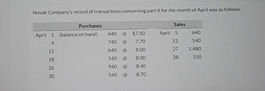 Novak Company's record of transactions concerning part X for the month of April was as follows.
Purchases.
April 1 (balance on hand)
4
11
18
26
30
440 @
740
@
640 @
540 @
940 @
540 @
$7.50
7.70
8.00
8.00
8.40
8.70
Sales
April 5
12
27
28
640
540
1,480
150
