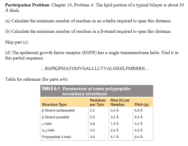 Participation Problem: Chapter 10, Problem 4: The lipid portion of a typical bilayer is about 30
Å thick.
(a) Calculate the minimum number of residues in an a-helix required to span this distance.
(b) Calculate the minimum number of residues in a ß-strand required to span this distance.
Skip part (c)
(d) The epidermal growth factor receptor (EGFR) has a single transmembrane helix. Find it in
this partial sequence.
...RGPKIPSIATGMVGALLLLVVALGIGILFMRRRH...
Table for reference (for parts a-b):
TABLE 6.1 Parameters of some polypeptide
secondary structures
Structure Type
B Strand (antiparallel)
B Strand (parallel)
a helix
310 helix
Polypeptide II helix
Residues
per Turn
2.0
2.0
3.6
3.0
3.0
Rise (h) per
Residue
3.4 Å
3.2 Å
1.5 Å
2.0 Å
4.7 Å
Pitch (p)
6.8 Å
6.4 Å
5.4 Å
6.0 Å
9.4 Å