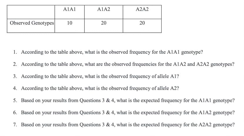 Observed Genotypes
A1A1
10
A1A2
20
A2A2
20
1. According to the table above, what is the observed frequency for the A1A1 genotype?
2. According to the table above, what are the observed frequencies for the A1A2 and A2A2 genotypes?
3. According to the table above, what is the observed frequency of allele A1?
4. According to the table above, what is the observed frequency of allele A2?
5. Based on your results from Questions 3 & 4, what is the expected frequency for the A1A1 genotype?
6. Based on your results from Questions 3 & 4, what is the expected frequency for the A1A2 genotype?
7. Based on your results from Questions 3 & 4, what is the expected frequency for the A2A2 genotype?