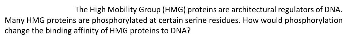 The High Mobility Group (HMG) proteins are architectural regulators of DNA.
Many HMG proteins are phosphorylated at certain serine residues. How would phosphorylation
change the binding affinity of HMG proteins to DNA?