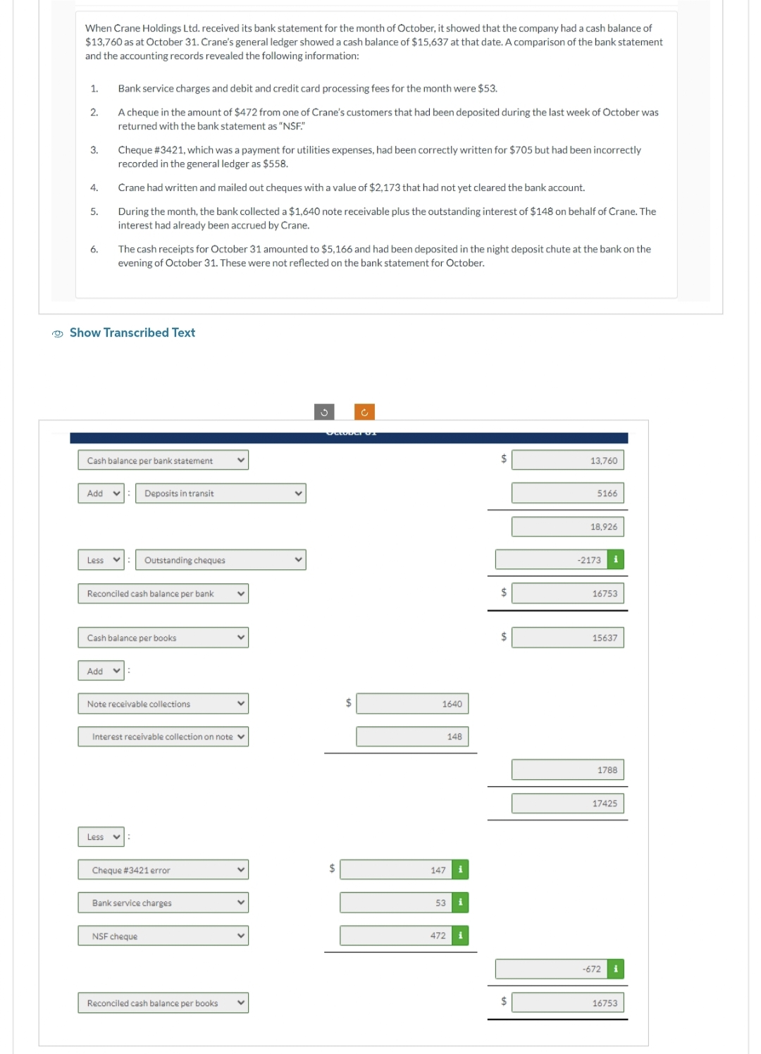 When Crane Holdings Ltd. received its bank statement for the month of October, it showed that the company had a cash balance of
$13,760 as at October 31. Crane's general ledger showed a cash balance of $15,637 at that date. A comparison of the bank statement
and the accounting records revealed the following information:
1.
2.
3.
4.
5.
6.
Bank service charges and debit and credit card processing fees for the month were $53.
A cheque in the amount of $472 from one of Crane's customers that had been deposited during the last week of October was
returned with the bank statement as "NSF."
Cheque # 3421, which was a payment for utilities expenses, had been correctly written for $705 but had been incorrectly
recorded in the general ledger as $558.
Crane had written and mailed out cheques with a value of $2,173 that had not yet cleared the bank account.
During the month, the bank collected a $1,640 note receivable plus the outstanding interest of $148 on behalf of Crane. The
interest had already been accrued by Crane.
Show Transcribed Text
The cash receipts for October 31 amounted to $5,166 and had been deposited in the night deposit chute at the bank on the
evening of October 31. These were not reflected on the bank statement for October.
Cash balance per bank statement
Add v
Less ✓
Add
Reconciled cash balance per bank
Less
Deposits in transit
Cash balance per books
Outstanding cheques
Note receivable collections
Interest receivable collection on note
Cheque # 3421 error
NSF cheque
Bank service charges
Reconciled cash balance per books
V
V
3
OGLVDCTUA
$
Ĉ
$
1640
148
147 i
53 i
472
13,760
5166
18,926
-2173 i
16753
15637
1788
17425
-672
16753