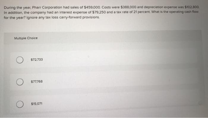 During the year, Pharr Corporation had sales of $459,000. Costs were $388,000 and depreciation expense was $102,800.
In addition, the company had an interest expense of $79.250 and a tax rate of 21 percent. What is the operating cash flow
for the year? Ignore any tax loss carry-forward provisions.
Multiple Choice
$72,733
$77,768
O $15,071