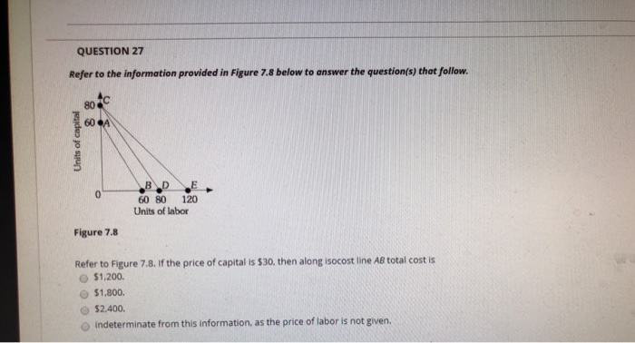 QUESTION 27
Refer to the information provided in Figure 7.8 below to answer the question(s) that follow.
Units of capital
80
C
36
60 A
0
Figure 7.8
B D
60 80
Units of labor
120
Refer to Figure 7.8. If the price of capital is $30, then along isocost line AB total cost is
$1,200.
$1,800.
$2,400.
indeterminate from this information, as the price of labor is not given.
