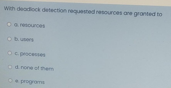 With deadlock detection requested resources are granted to
O a. resources
O b. users
O c. processes
O d. none of them
e. programs
