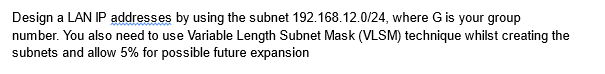 Design a LAN IP addresses by using the subnet 192.168.12.0/24, where G is your group
number. You also need to use Variable Length Subnet Mask (VLSM) technique whilst creating the
subnets and allow 5% for possible future expansion