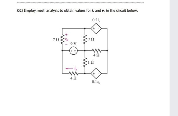 Q2) Employ mesh analysis to obtain values for i, and v, in the circuit below.
0.2i,
9 V
4Ω
0.1
