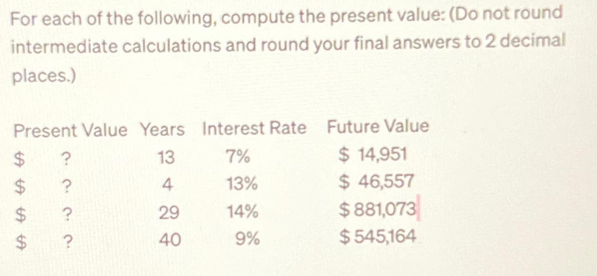 For each of the following, compute the present value: (Do not round
intermediate calculations and round your final answers to 2 decimal
places.)
Present Value Years Interest Rate Future Value
13
7%
$ 14,951
4
13%
$ 46,557
29
14%
40
9%
LA LA LA LA
$
?
$ ?
?
$ ?
$881,073
$545,164