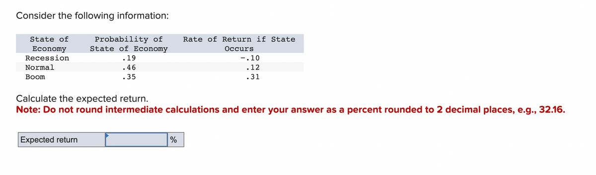 Consider the following information:
State of
Economy
Recession
Normal
Boom
Probability of
State of Economy
Expected return
.19
.46
.35
Rate of Return if State
Occurs
Calculate the expected return.
Note: Do not round intermediate calculations and enter your answer as a percent rounded to 2 decimal places, e.g., 32.16.
%
-.10
.12
.31