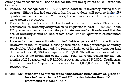 Among the transactions of Phoebe Inc. for the first two quarters of 2021 were the
following:
a. Phoebe Inc. recognized a P 100,000 write-down in its inventory during the 1*
quarter. Athena Inc. had expected that the write-down will reverse in the 2d
quarter, and in fact, in the 2nd quarter, the recovery exceeded the previous
write-down by P 20,000.
b. Phoebe Inc. provides warranty for its sales. In the 1* quarter, Phoebe Inc.
estimated a 5% warranty obligation on its 1" quarter sales of P 1,000,000. In the
2nd quarter, a change in accounting estimate was made. It estimated that the
cost of warranty should be 10% of total sales. The 2nd quarter sales amounted
to P1,200,000.
c. Phoebe Inc. has been estimating its bad debts expense at 2% of credit sales.
However, in the 2nd quarter, a change was made to the percentage of ending
receivable. Under this method, the required balance of the allowance for bad
debts as of June 30, 2021 is computed at P 30,000. The allowance has a balance
of P 5,000 at the beginning of the year. Total write-offs during the first six
months of 2021 amounted to P 12,000; recoveries totalled P 3,000. Credit sales
for the 1* and 2nd quarters amounted toP 1,000,000 and P 2,000,000,
respectively.
REQUIRED: What are the effects of the transactions listed above on profit or
loss before tax in the 1st and 2nd quarter interim financial
statements of Phoebe Inc.?
