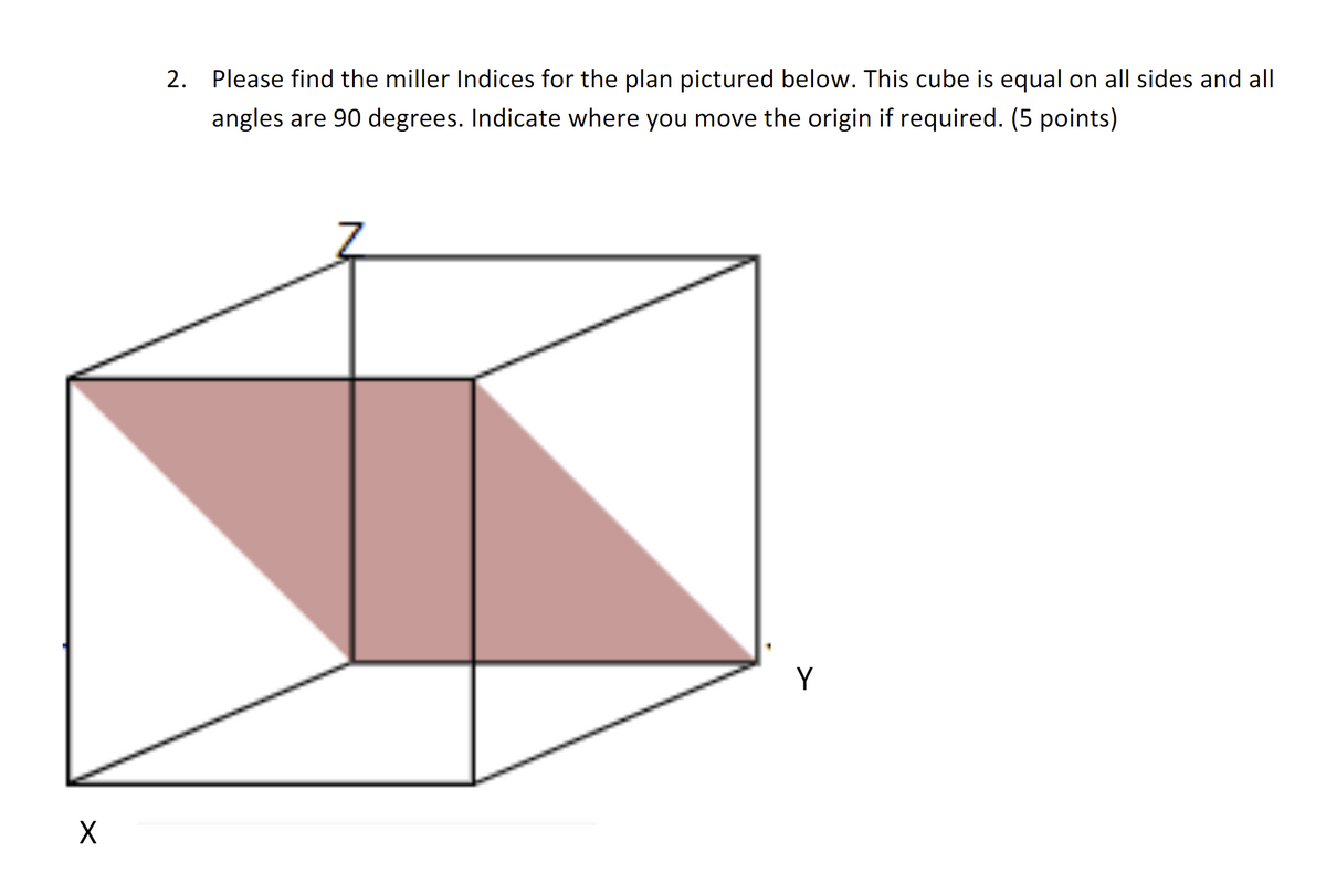 2. Please find the miller Indices for the plan pictured below. This cube is equal on all sides and all
angles are 90 degrees. Indicate where you move the origin if required. (5 points)
Y
X
