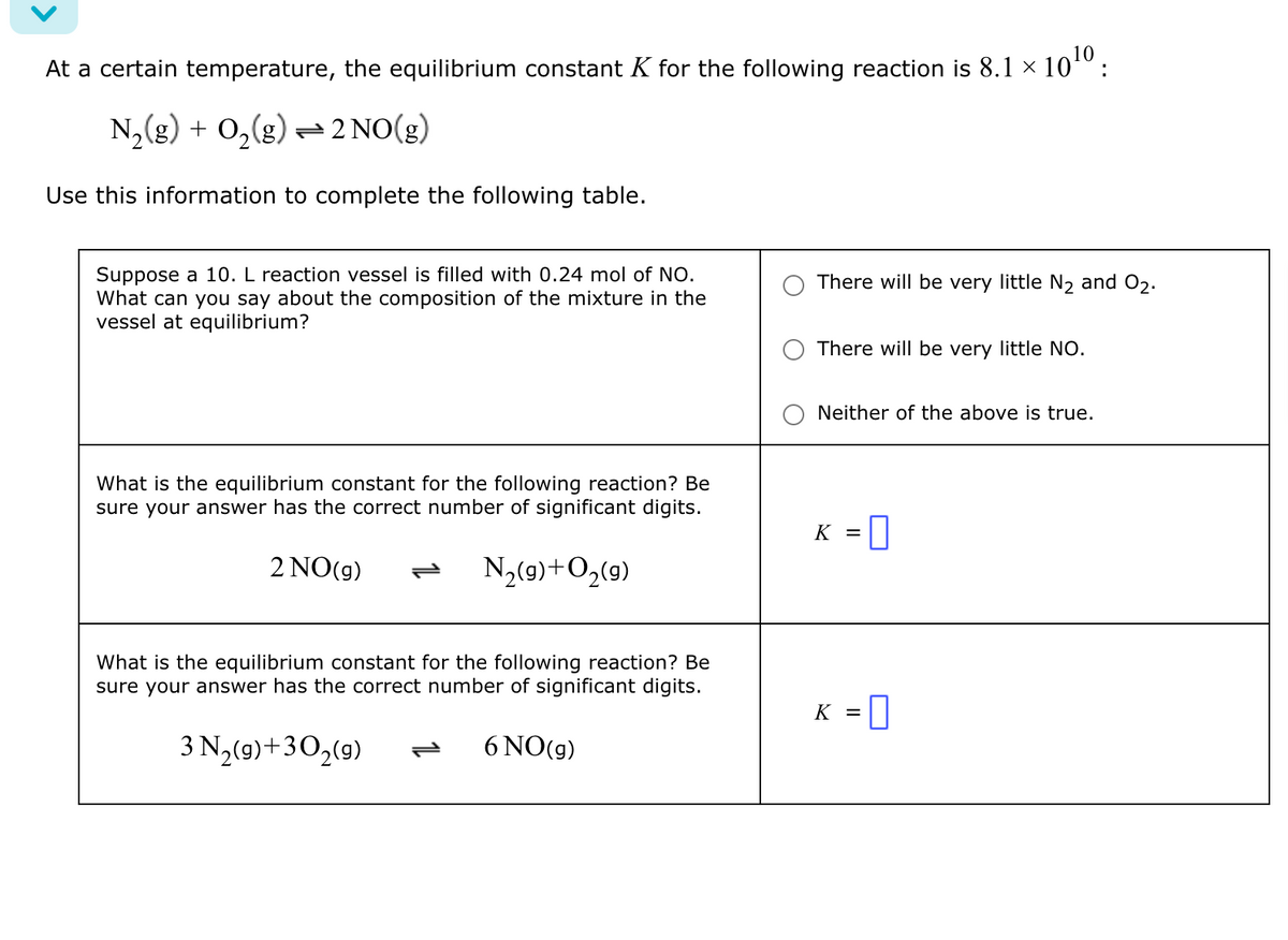 At a certain temperature, the equilibrium constant K for the following reaction is 8.1 × 10 10:
N2(g) + O2(g) = 2 NO(g)
Use this information to complete the following table.
Suppose a 10. L reaction vessel is filled with 0.24 mol of NO.
What can you say about the composition of the mixture in the
vessel at equilibrium?
There will be very little N2 and O2.
There will be very little NO.
Neither of the above is true.
What is the equilibrium constant for the following reaction? Be
sure your answer has the correct number of significant digits.
2 NO(g) 12
N2(9)+02(9)
What is the equilibrium constant for the following reaction? Be
sure your answer has the correct number of significant digits.
3N2(9)+302(9)
=
6 NO(g)
K = ☐
K = ☐