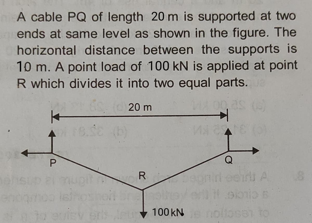 A cable PQ of length 20 m is supported at two
ends at same level as shown in the figure. The
horizontal distance between the supports is
10 m. A point load of 100 kN is applied at point
R which divides it into two equal parts.
6s (20 m
tron
|
P
R
ME
L
sioni 6
100 kN noltosen to