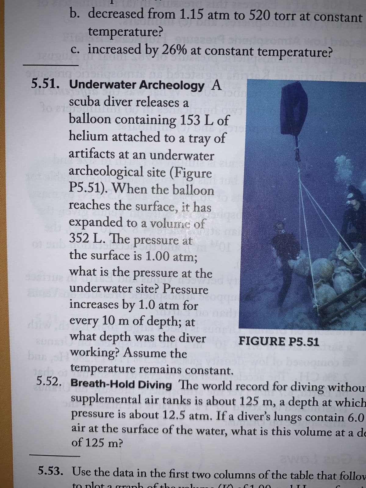 1201911
b. decreased from 1.15 atm to 520 torr at constant
temperature?
c. increased by 26% at constant temperature?
10011010
18 D515)
5.51. Underwater Archeology A
19
scuba diver releases a
30 27 any
balloon containing 153 L of
helium attached to a tray of
artifacts at an underwater
un ayt
2019
P
201
archeological site (Figure
P5.51). When the balloon
su
reaches the surface, it has
expanded to a volume of
352 L. The pressure at
Baggi
the surface is 1.00 atm;
what is the pressure at the
underwater site? Pressure
Toyong tim
increases by 1.0 atm for
every 10 m of depth; at
what depth was the diver
banal working? Assume the
19
er of temperature remains constant.
5.52. Breath-Hold Diving The world record for diving withou:
supplemental air tanks is about 125 m, a depth at which
pressure is about 12.5 atm. If a diver's lungs contain 6.0
air at the surface of the water, what is this volume at a de
of 125 m?
de
Or
(
FIGURE P5.51
awod 200
5.53. Use the data in the first two columns of the table that follow