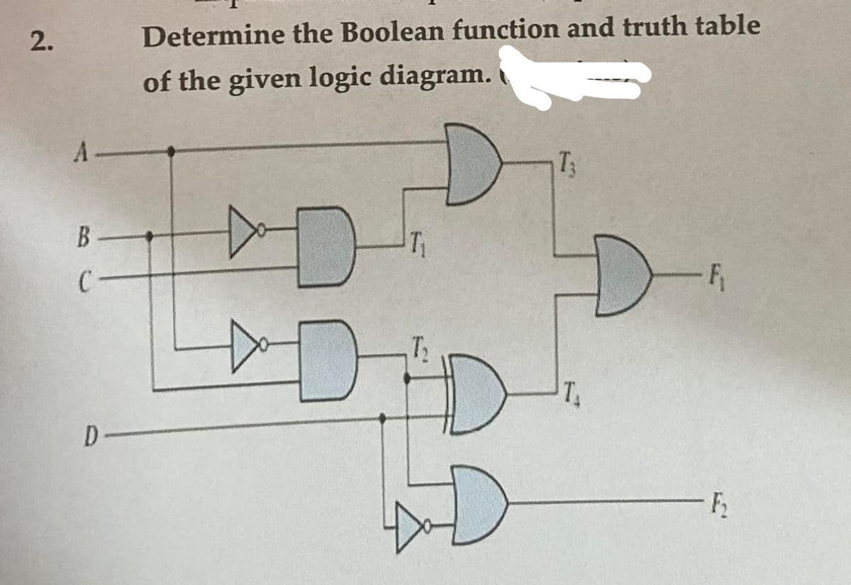 2.
A.
А
B
C
D
Determine the Boolean function and truth table
of the given logic diagram.
C
D
T₁
ED
T3
T₁
F₁
5
F₁₂