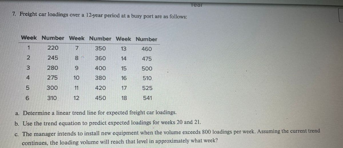 7. Freight car loadings over a 12-year period at a busy port are as follows:
Week Number Week Number Week
1
220
7
350
13
2
245
89
360
14
3
280
9
400
15
4
275
10
380
16
5
300
11
420
17
6
310
12
450
18
Number
460
475
500
510.
525
541
Year
a. Determine a linear trend line for expected freight car loadings.
b. Use the trend equation to predict expected loadings for weeks 20 and 21.
c. The manager intends to install new equipment when the volume exceeds 800 loadings per week. Assuming the current trend
continues, the loading volume will reach that level in approximately what week?