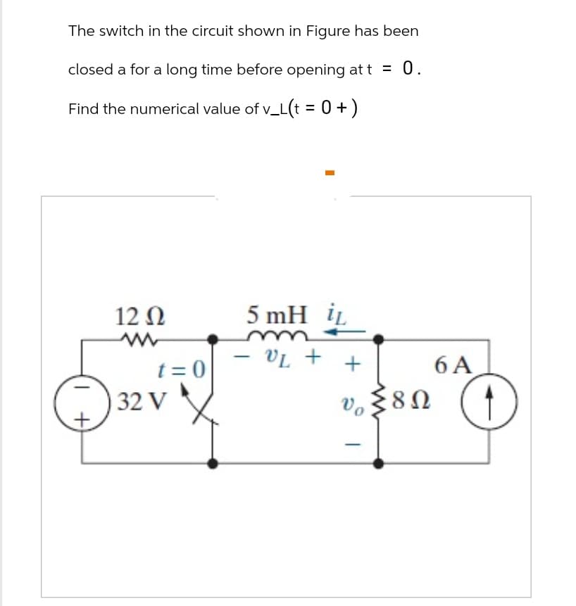 The switch in the circuit shown in Figure has been
closed a for a long time before opening at t = 0.
Find the numerical value of v_L(t = 0+)
│
(+
12 Ω
ww
t=0
32 V
5 mH iL
- VL +
v≤80
8Ω
vo
6 A