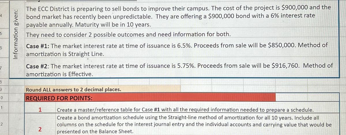 2
8
9
0
1
6
Information given:
The ECC District is preparing to sell bonds to improve their campus. The cost of the project is $900,000 and the
bond market has recently been unpredictable. They are offering a $900,000 bond with a 6% interest rate
payable annually. Maturity will be in 10 years.
They need to consider 2 possible outcomes and need information for both.
Case #1: The market interest rate at time of issuance is 6.5%. Proceeds from sale will be $850,000. Method of
amortization is Straight Line.
Case #2: The market interest rate at time of issuance is 5.75%. Proceeds from sale will be $916,760. Method of
amortization is Effective.
Round ALL answers to 2 decimal places.
REQUIRED FOR POINTS:
1
Create a master/reference table for Case #1 with all the required information needed to prepare a schedule.
2
Create a bond amortization schedule using the Straight-line method of amortization for all 10 years. Include all
columns on the schedule for the interest journal entry and the individual accounts and carrying value that would be
presented on the Balance Sheet.