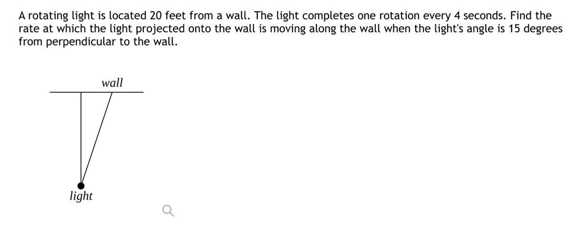 A rotating light is located 20 feet from a wall. The light completes one rotation every 4 seconds. Find the
rate at which the light projected onto the wall is moving along the wall when the light's angle is 15 degrees
from perpendicular to the wall.
wall
T
light
Q