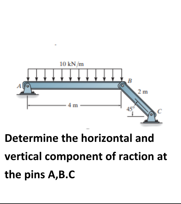 10 kN /m
B
A
2 m
4 m
Determine the horizontal and
vertical component of raction at
the pins A,B.C
